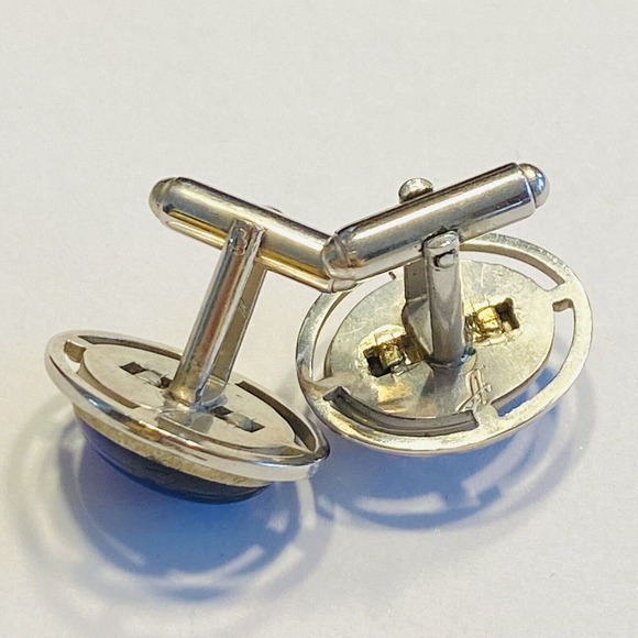 Vintage Anson Cufflinks Silvertone & Blue Jelly Belly Polished Stone Centers - Picture 5 of 8